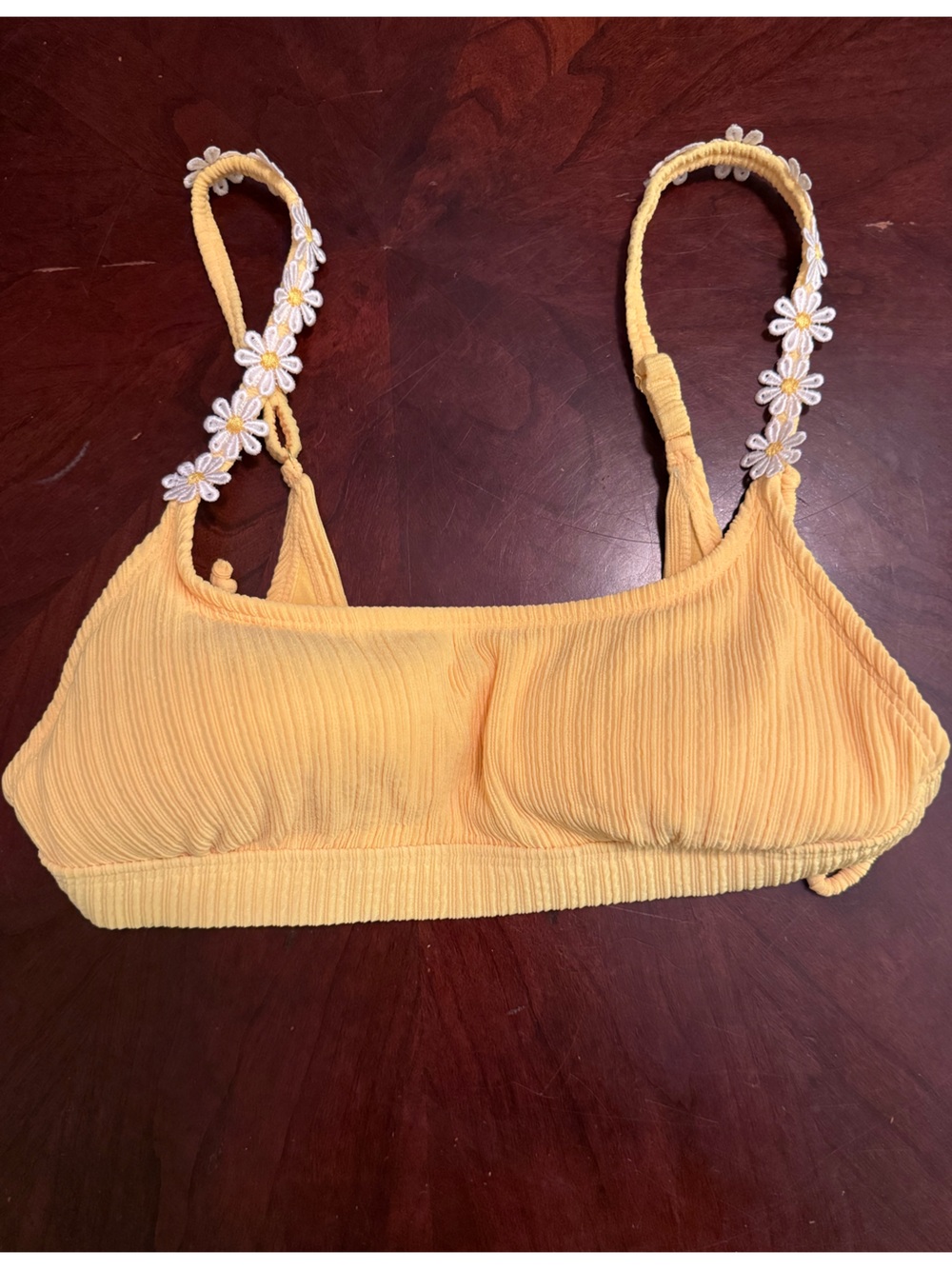 Yellow Ribbed Bikini Top with Daisy Trim